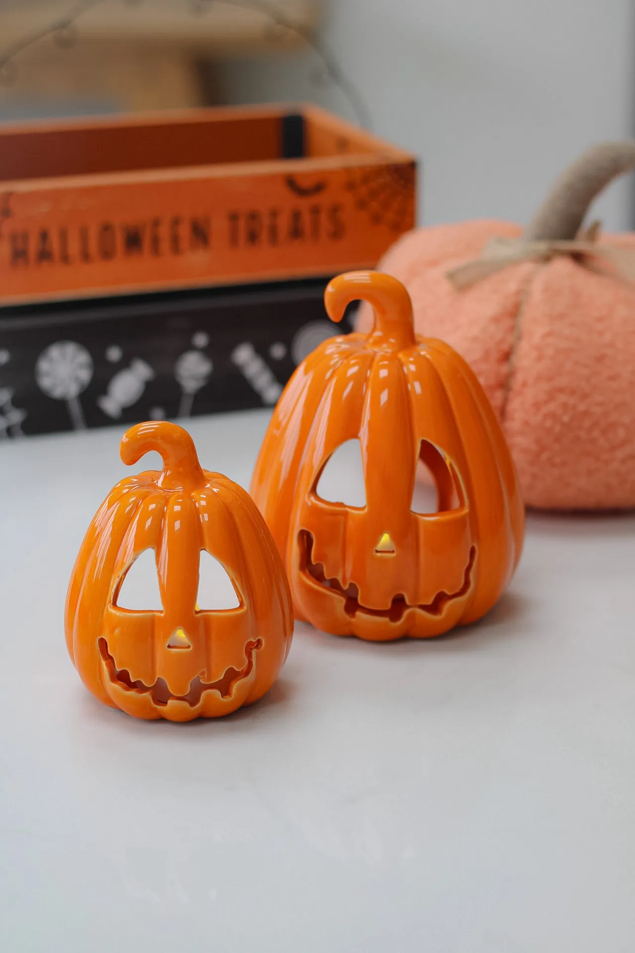 Orange Glazed Ceramic Carved Pumpkin Lantern