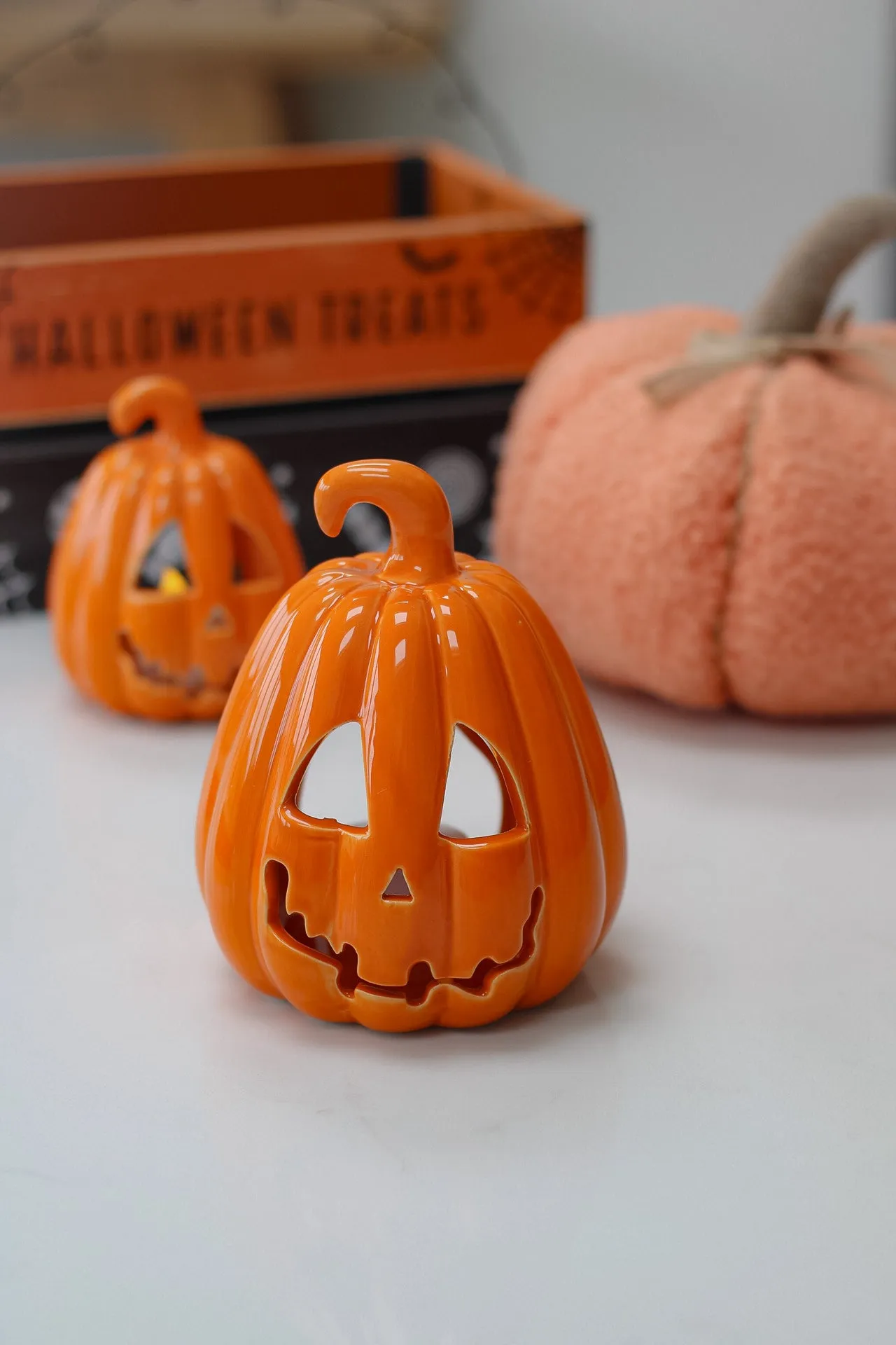 Orange Glazed Ceramic Carved Pumpkin Lantern