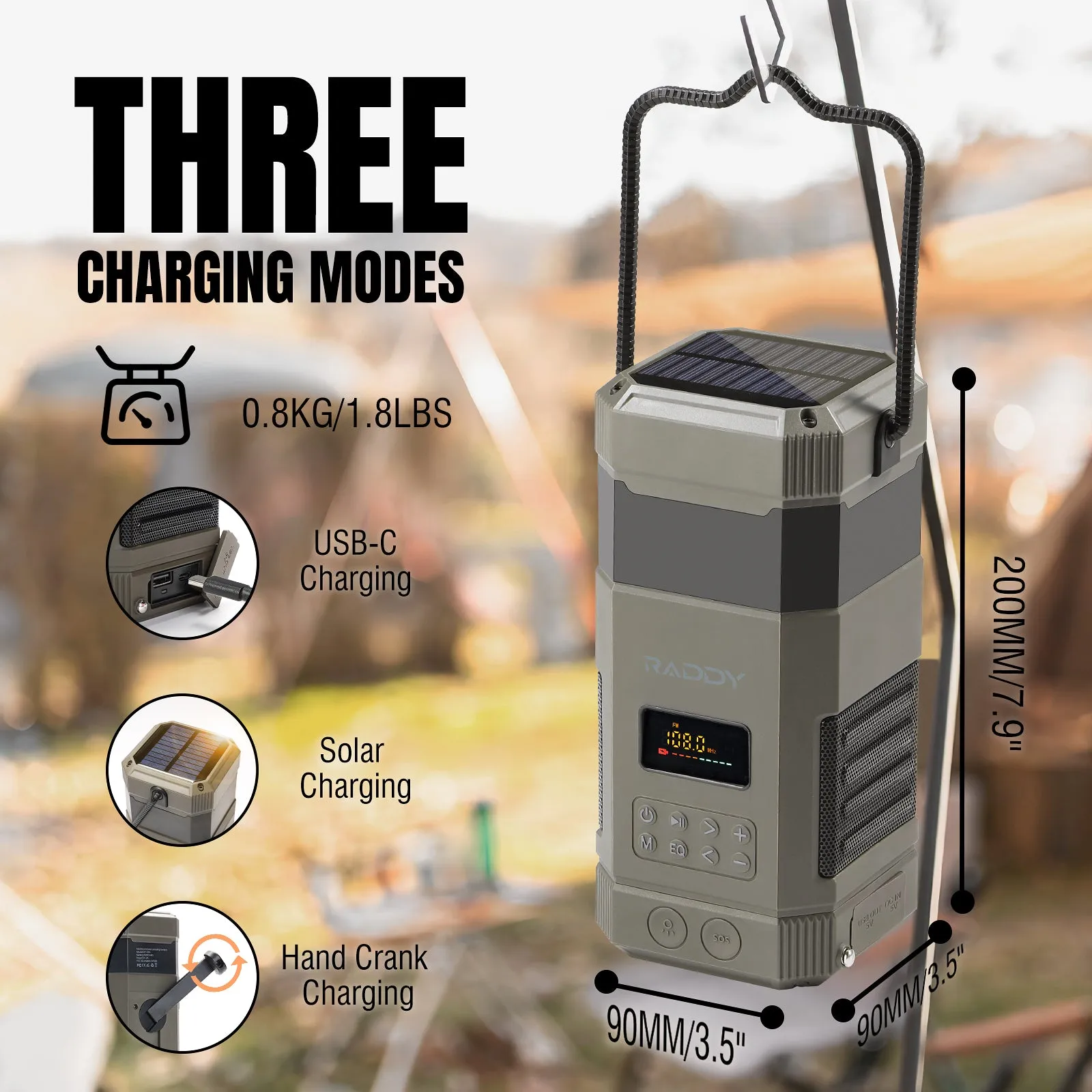 Raddy SL10 Emergency Radio | 10000mAh Hand Crank Solar Camping Lantern | IPX6 Waterproof | Bluetooth Speaker | AM FM NOAA